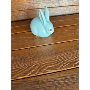 Prestige Taiwan Ceramic‎ Blue Bunny Rabbit Figurine Red Eyes Fluffy Tail Easter
